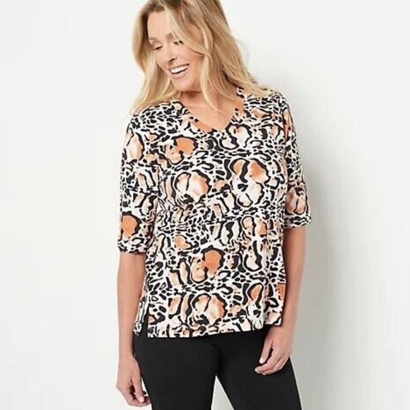 NWT ATTITUDES BY RENEE WASHED COTTON V-NECK ELBOW SLEEVE TOP JUNGLE ANIMAL XXS - Picture 1 of 7